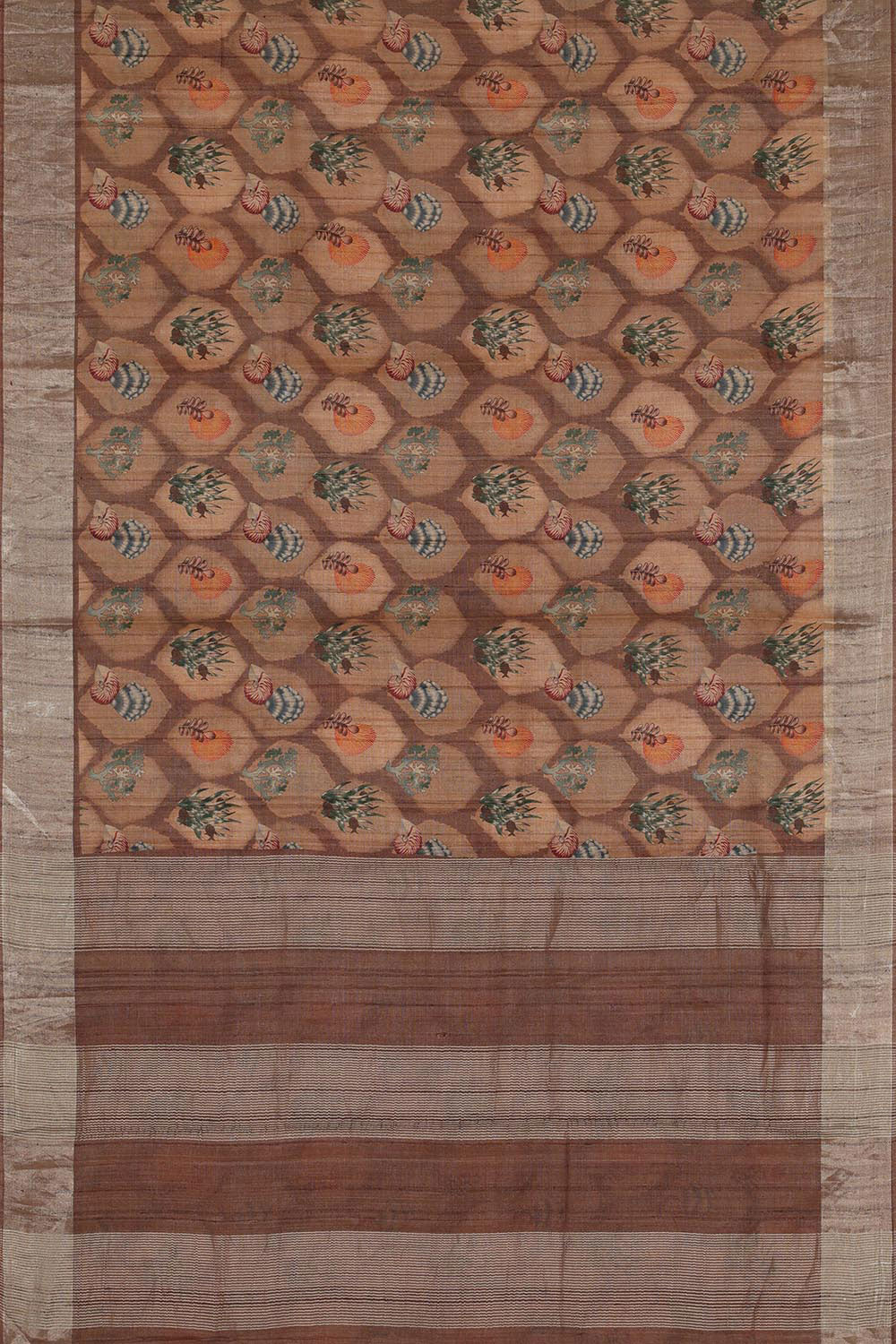 Image of Printed Tussar Silk Brown Saree